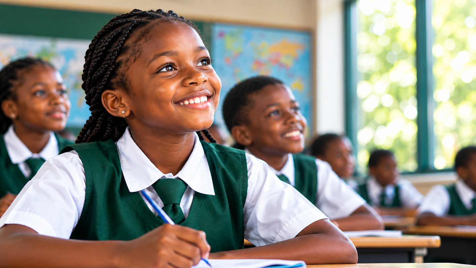 Students in green uniform learning with joy at FKND Foundation Learning Centre